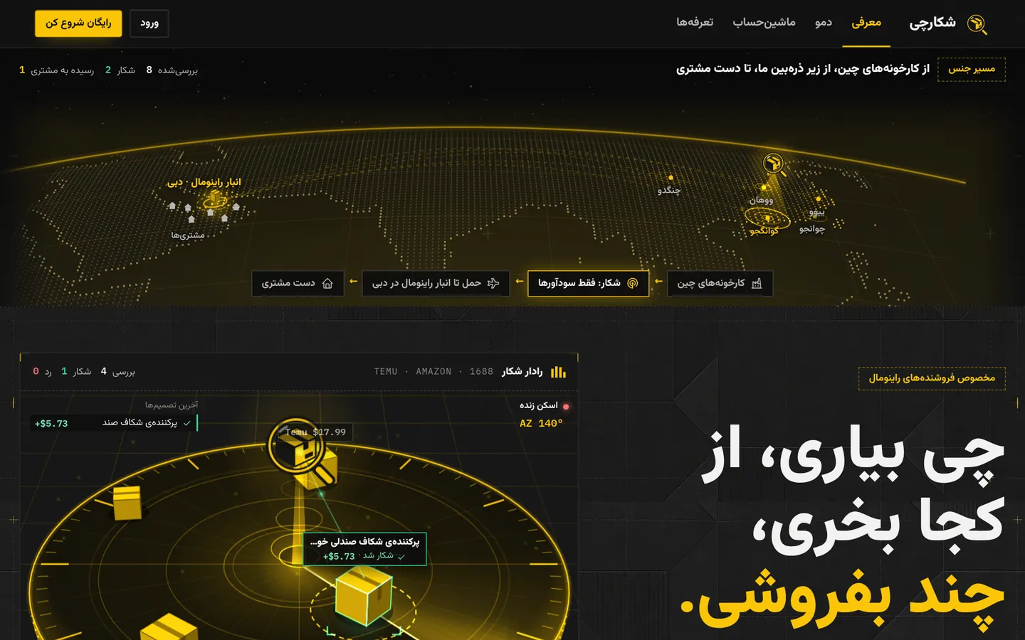 صفحهی اول شکارچی: مسیر جنس از کارخونههای چین تا انبار راینومال در دبی